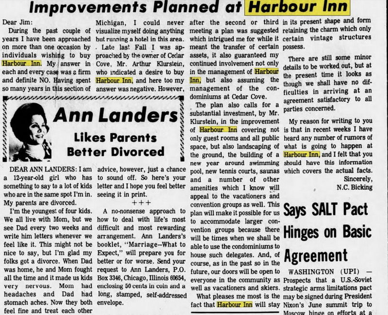 Harbour Inn (Harbor Inn, Ramona Park Hotel) - Mar 29 1974 Article (newer photo)